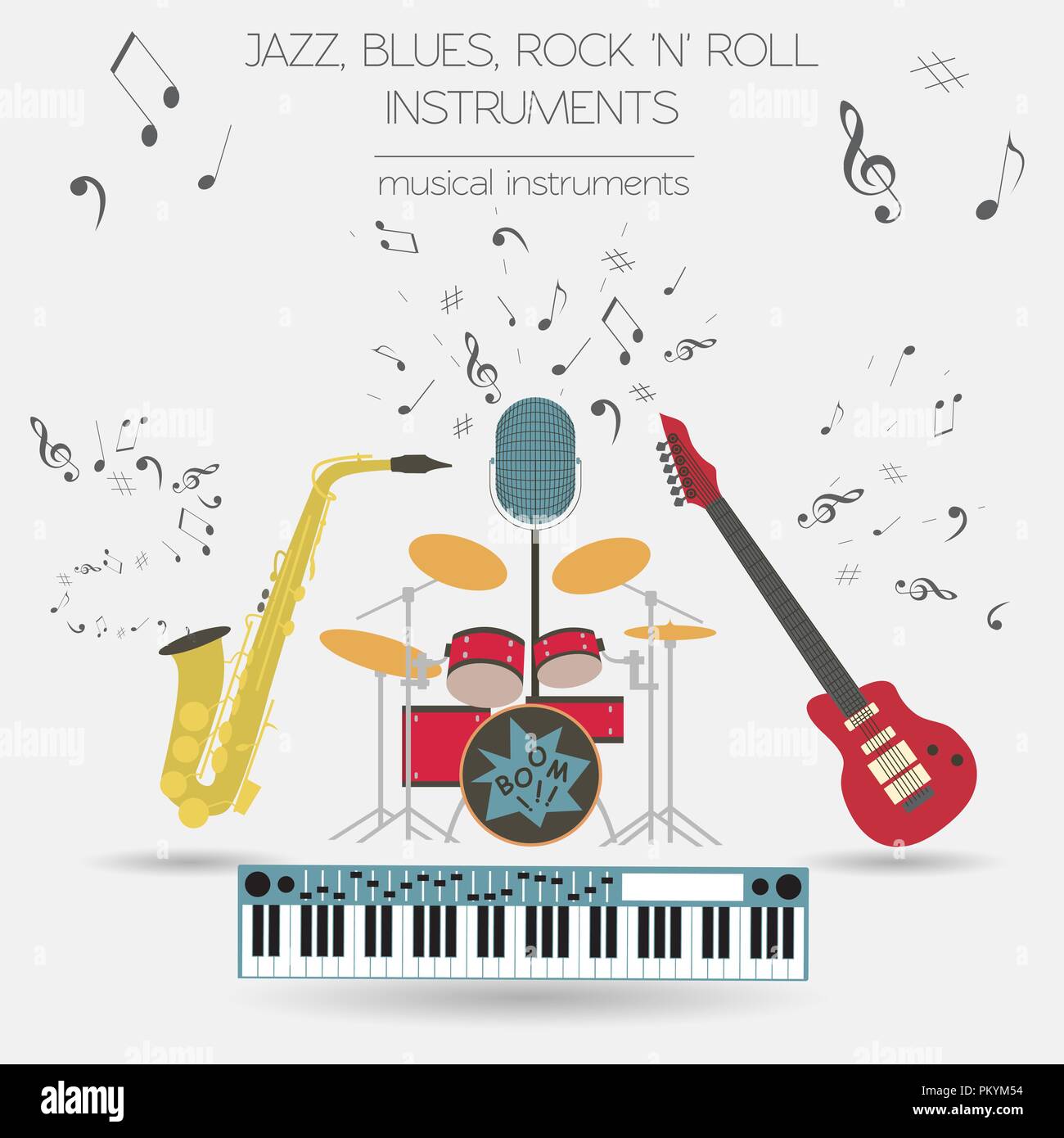 Musical instruments graphic template.Jazz, blues, rock`n`roll band